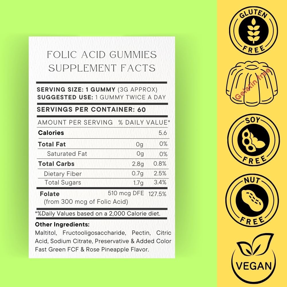 Vegetarian Folic Acid Gummies 300mcg, 60 Count - Supports Red Blood Cell Production - Vitamin B9 Supplement for Healthier Lives - BoostGo Australia