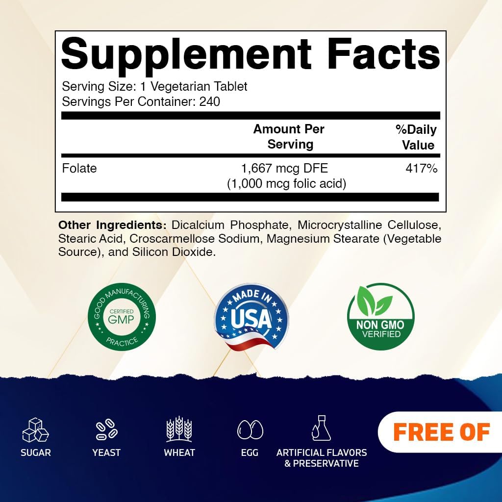 Vegetarian Folic Acid Tablets 1000 mcg - Vitamin B9 Supplement (2 Pack of 240 Count)