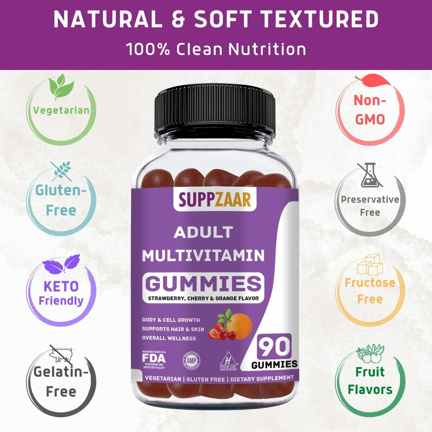 Vegetarian Gummy Multivitamin for Women & Men - Daily Vitamins A, C, D, E, B6, B12, Biotin, Zinc - Complete Formula - 90 Count