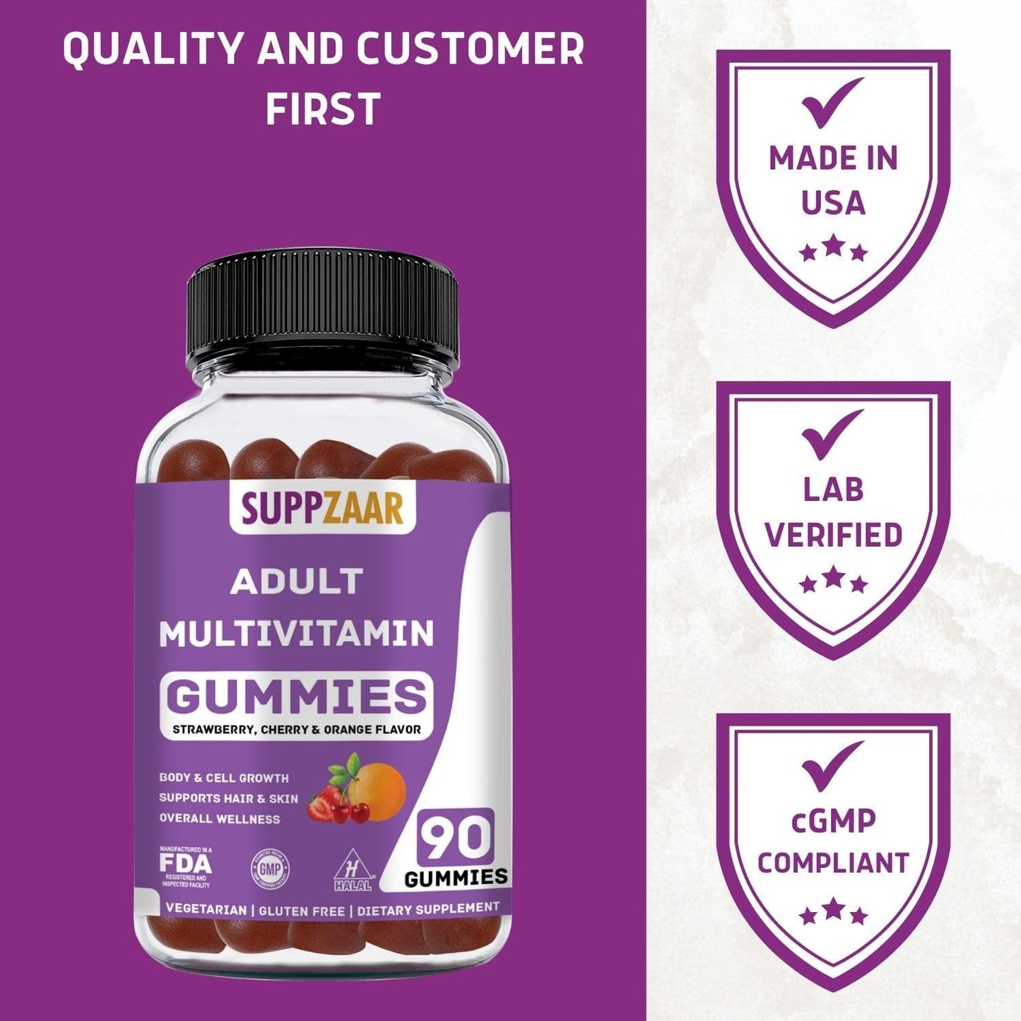 Vegetarian Gummy Multivitamin for Women & Men - Daily Vitamins A, C, D, E, B6, B12, Biotin, Zinc - Complete Formula - 90 Count