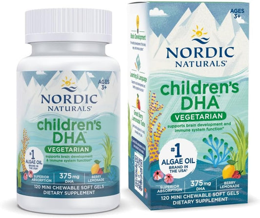 Vegetarian Kids DHA Omega-3 Supplement - Algae Oil Mini Chewables - Berry Lemonade Flavor - Plant-Based Formula for Ages 3+ - 120 Soft Gels