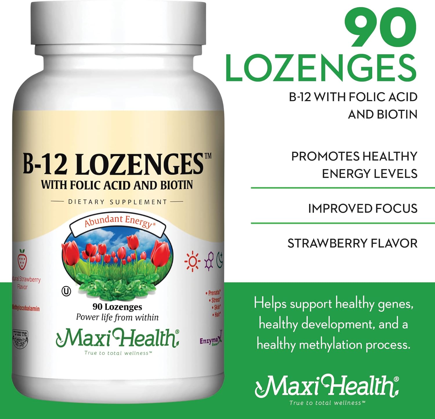 Vegetarian Kosher B12 Vitamin Lozenges with Folic Acid & Biotin, Strawberry Flavor - Sublingual Vit B12 Supplement (90 Count)