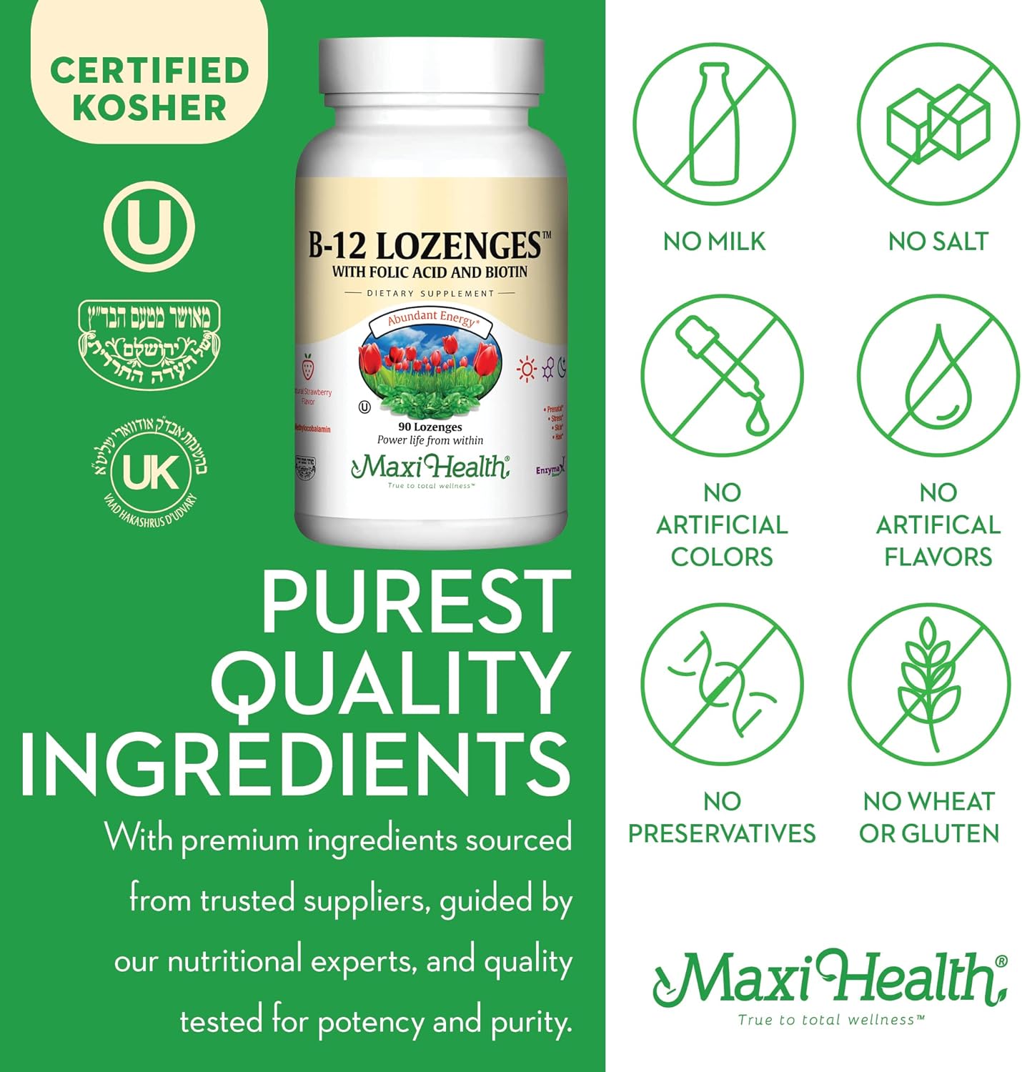 Vegetarian Kosher B12 Vitamin Lozenges with Folic Acid & Biotin, Strawberry Flavor - Sublingual Vit B12 Supplement (90 Count)