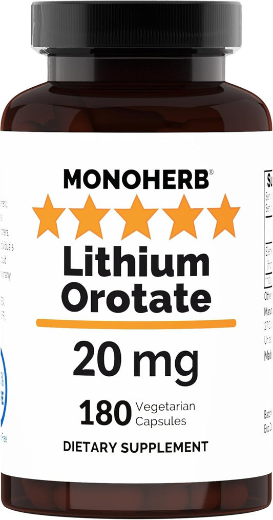 Vegetarian Lithium Orotate Capsules - 20mg Elemental Lithium - 180 Count