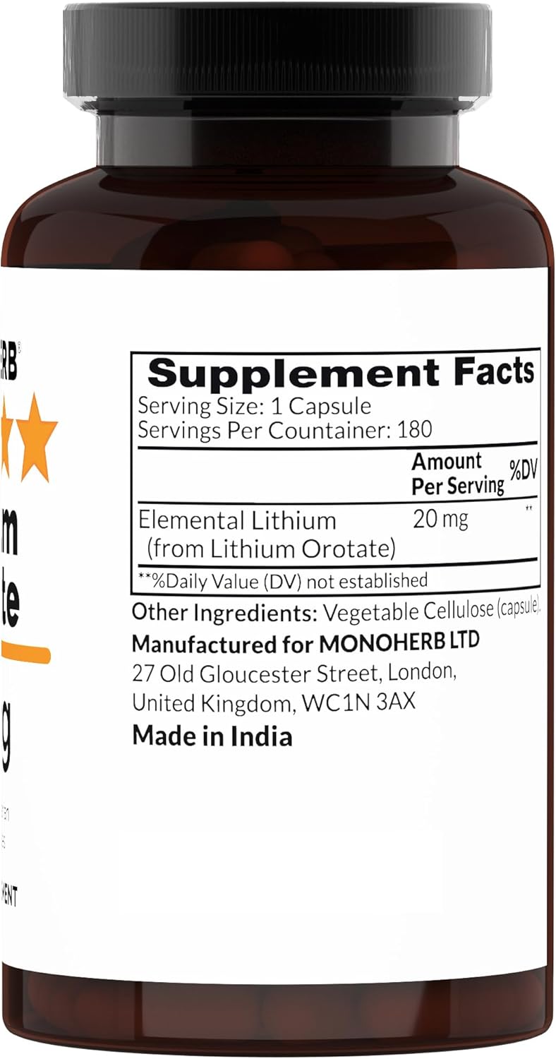 Vegetarian Lithium Orotate Capsules - 20mg Elemental Lithium - 180 Count