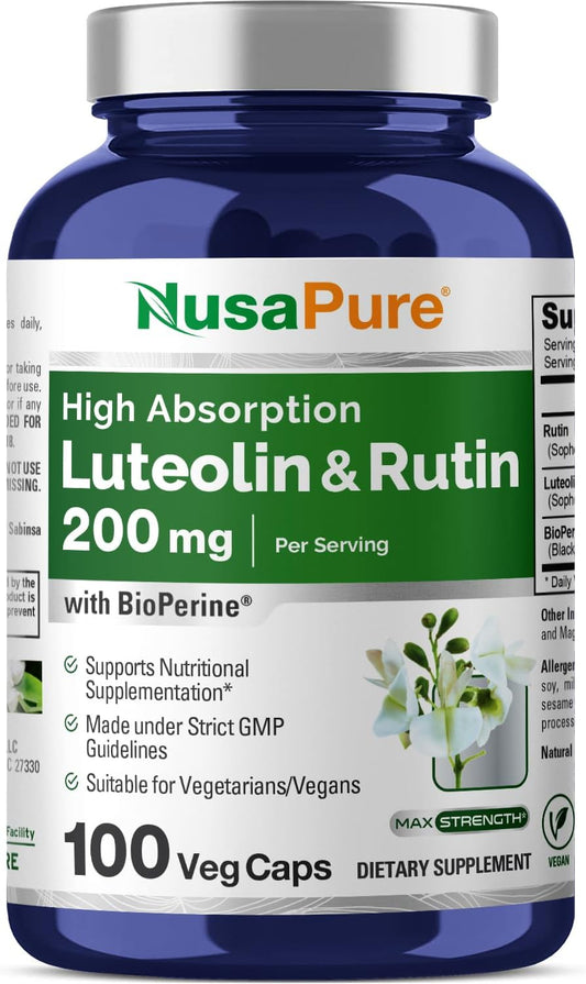 Vegetarian Luteolin Complex with Rutin 200 mg - 100 Capsules | Non-GMO Vegan Flavonoid Supplement by NusaPure
