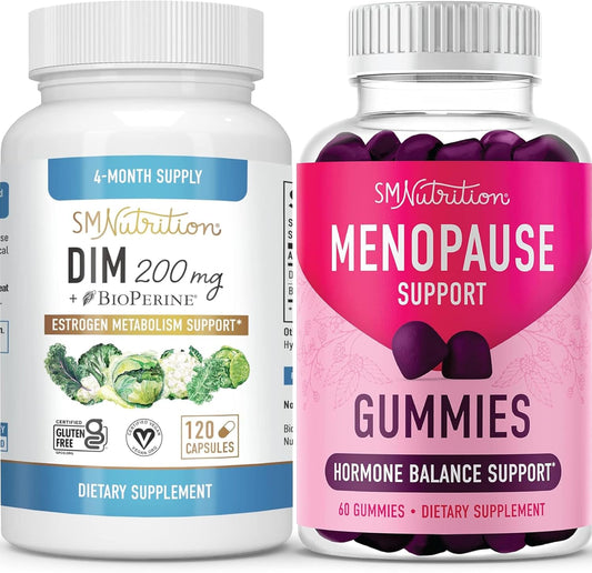 Vegetarian Menopause Support Gummies with DIM Supplement for Hormone Balance (30 Servings) + Diindolylmethane Capsules (120 Servings) | Gluten Free & Enhanced Estrogen Balance for Women