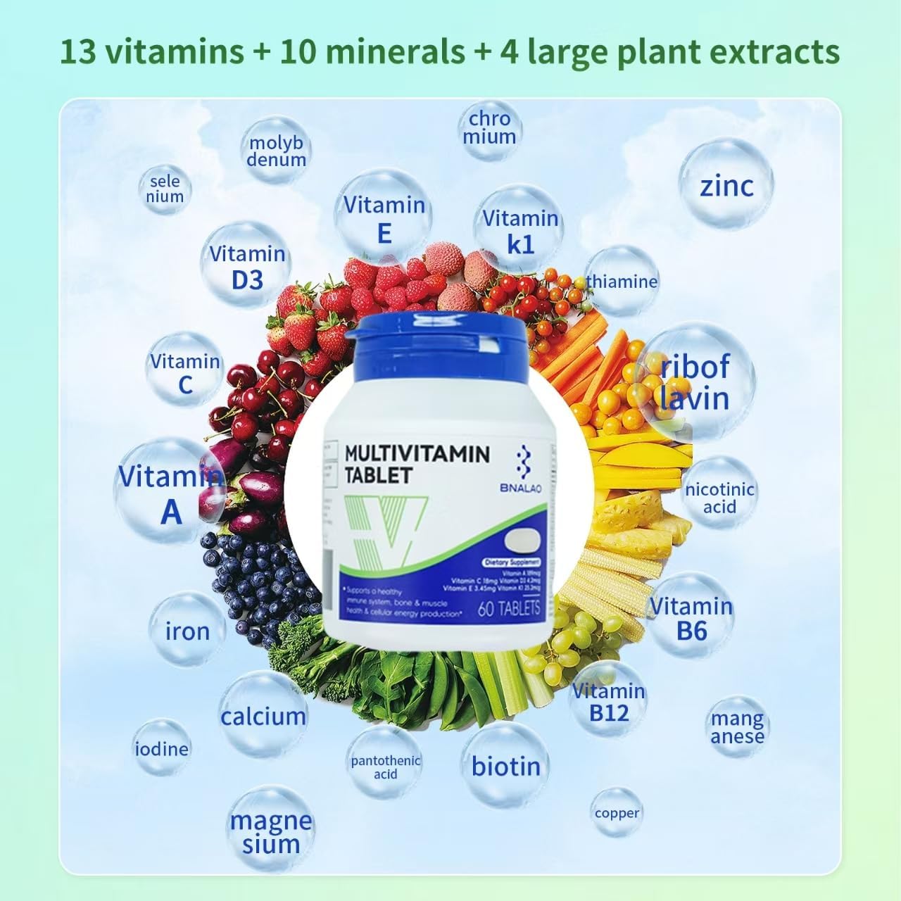 Vegetarian Multivitamin Supplement with Essential Nutrients for Women & Men, 60 Tablets, Gluten-Free