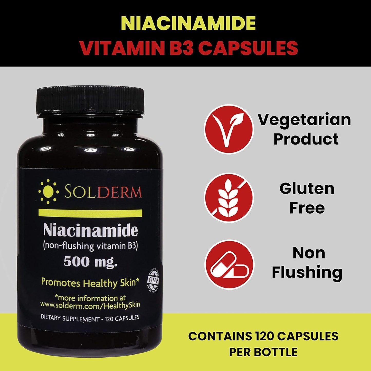 Vegetarian Niacinamide Supplement for Healthy Skin | Non-Flushing Vitamin B3 Tablets | Gluten-Free | 120 Capsules, 500mg | Vegetable Cellulose Capsules