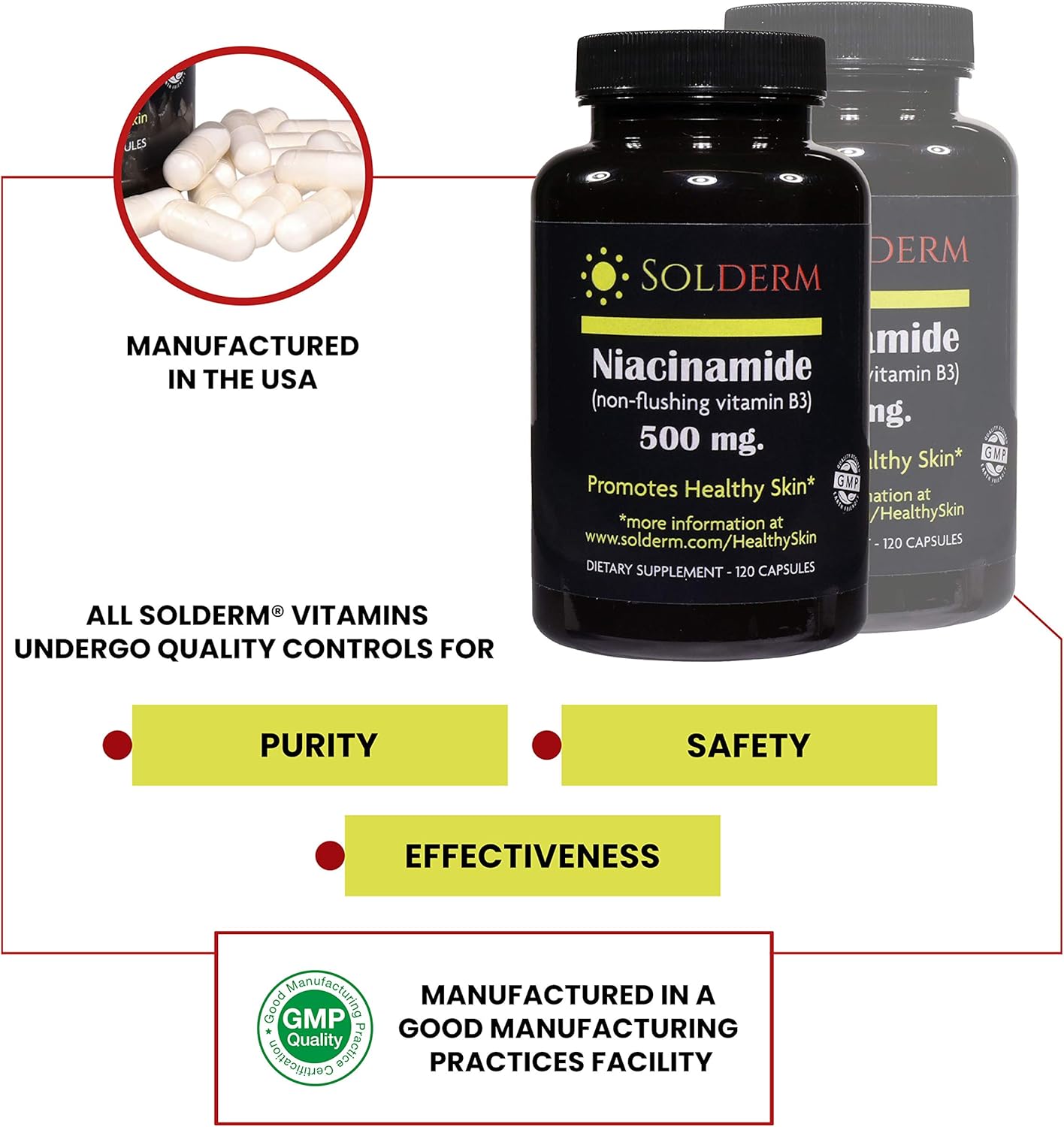Vegetarian Niacinamide Supplement for Healthy Skin | Non-Flushing Vitamin B3 Tablets | Gluten-Free | 120 Capsules, 500mg | Vegetable Cellulose Capsules