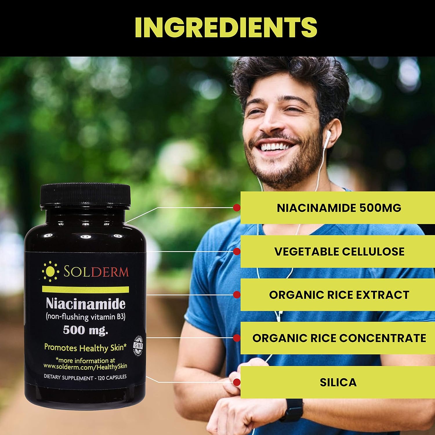 Vegetarian Niacinamide Supplement for Healthy Skin | Non-Flushing Vitamin B3 Tablets | Gluten-Free | 120 Capsules, 500mg | Vegetable Cellulose Capsules