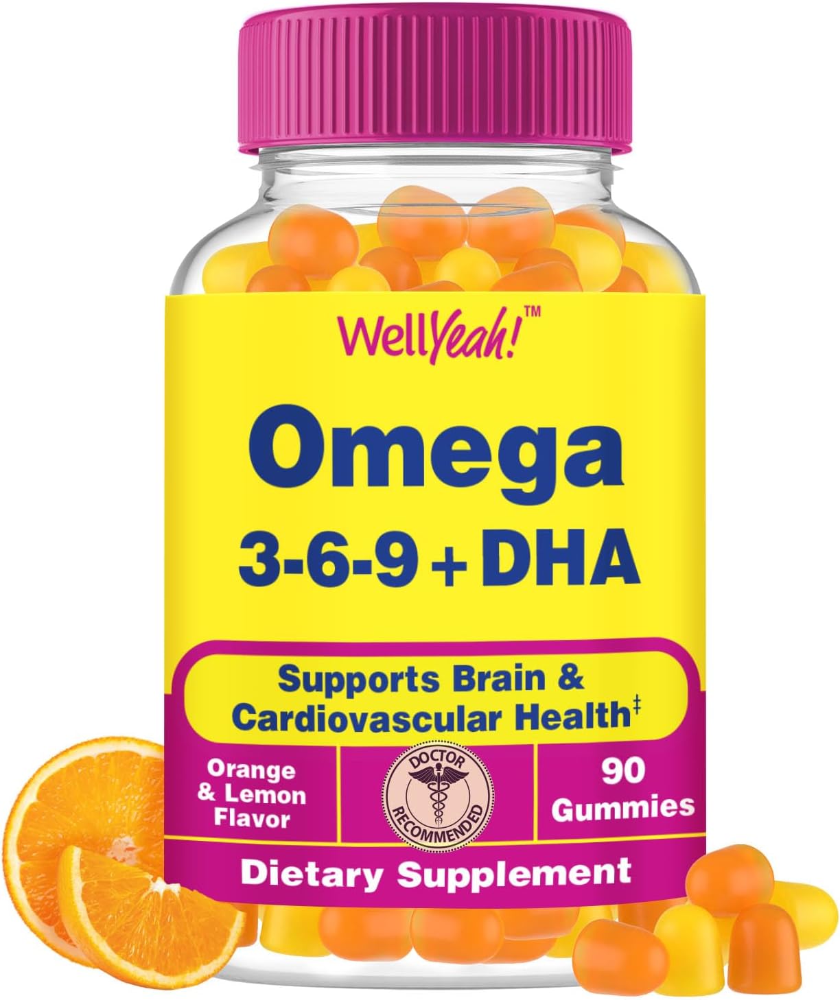 Vegetarian Omega 3 6 9 Gummies with Flaxseed Oil, DHA | GMO & Gluten Free | Orange & Lemon Flavor | Natural Colors | 90 Count