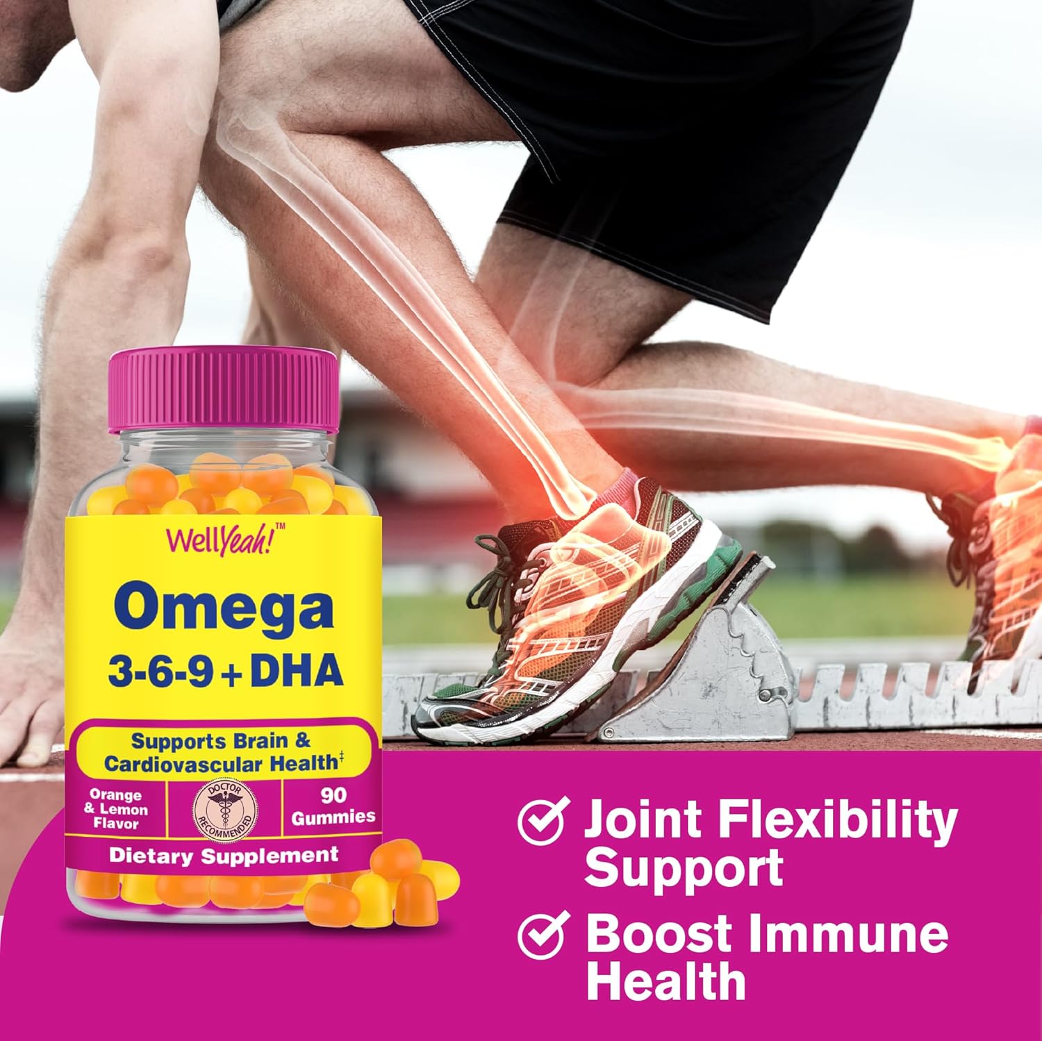 Vegetarian Omega 3 6 9 Gummies with Flaxseed Oil, DHA | GMO & Gluten Free | Orange & Lemon Flavor | Natural Colors | 90 Count