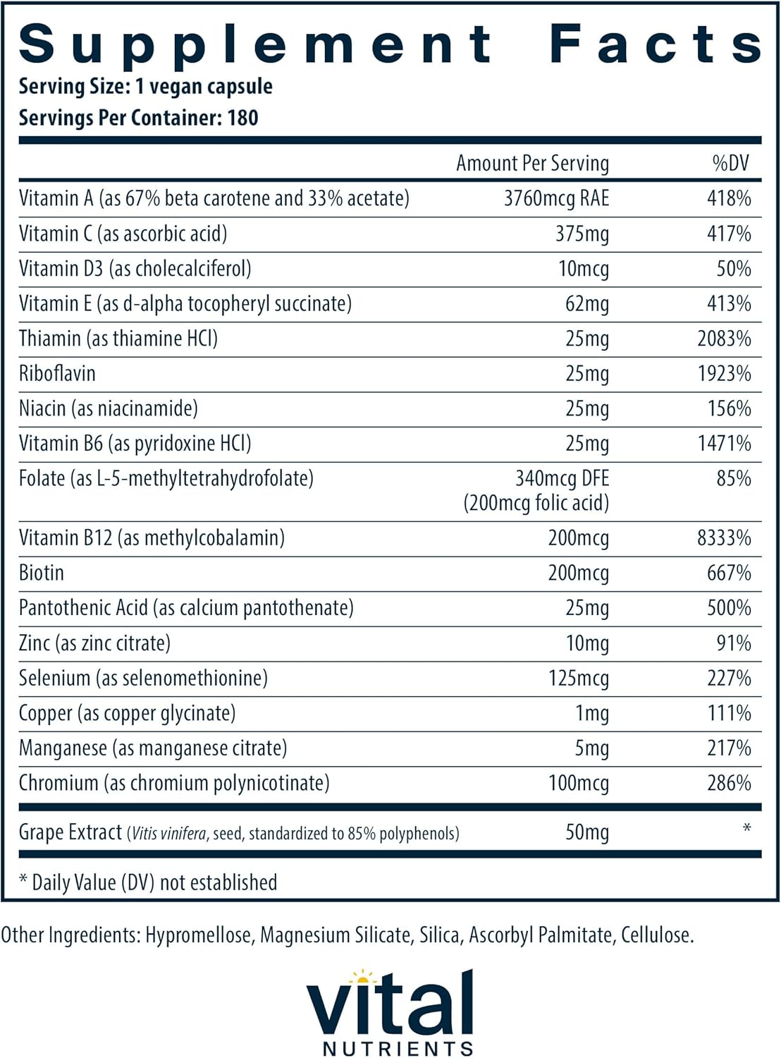 Vegetarian One-a-Day Multivitamin with Essential Nutrients | Iron-Free | Gluten, Dairy, Soy Free | Non-GMO | 180 Capsules