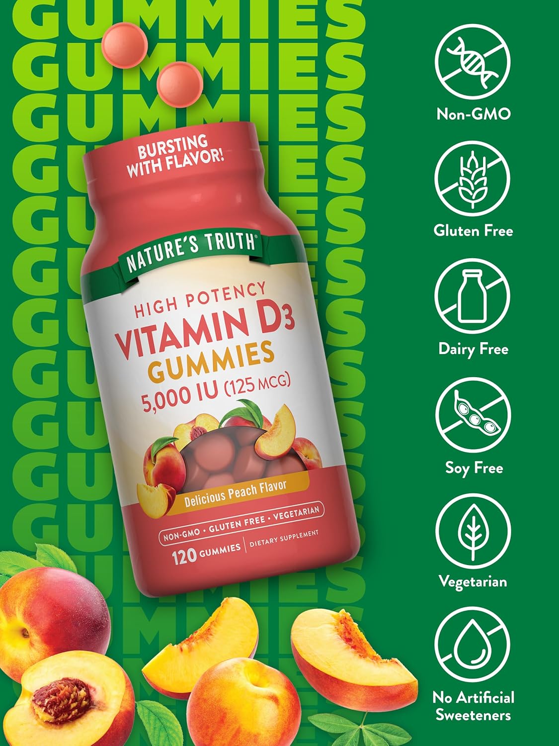 Vegetarian Peach Flavor Vitamin D3 Gummies | 5000 IU | 120 Count | Non-GMO & Gluten Free Supplement