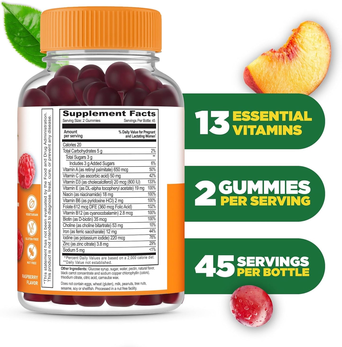 Vegetarian Prenatal Gummies with Iron, Choline, and Great Taste - 90 Count - Non-GMO Lifeable Multivitamin for Women