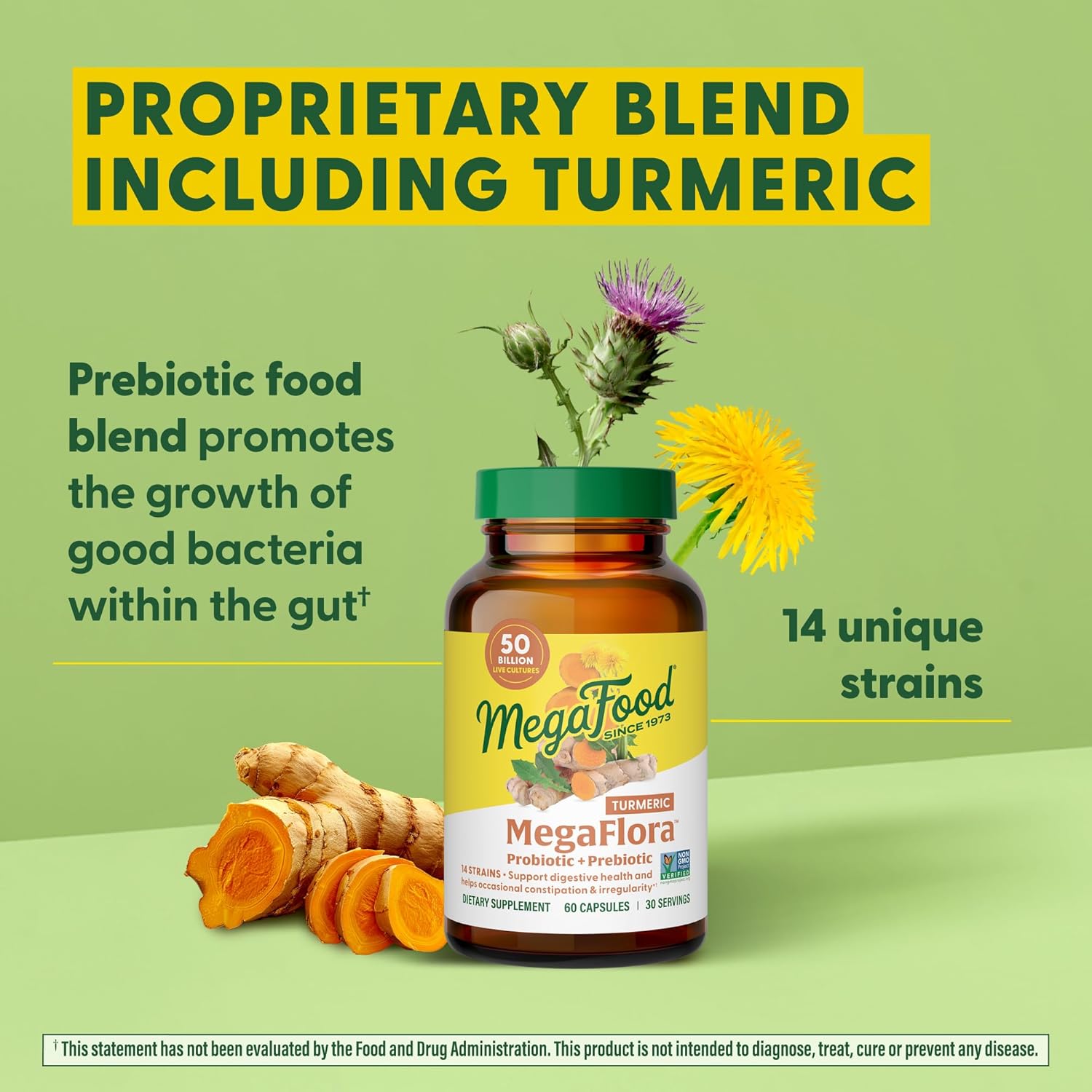 Vegetarian Probiotic and Prebiotic Supplement with Turmeric for Women's Digestive Health - 50 Billion CFUs - 14 Strains - 90 Capsules