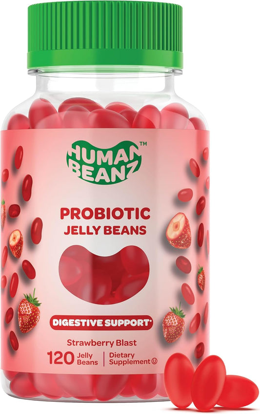 Vegetarian Probiotic Jelly Beans for Digestive Health - 120 Strawberry Blast Gummies for Men and Women, Kosher & Nutritional