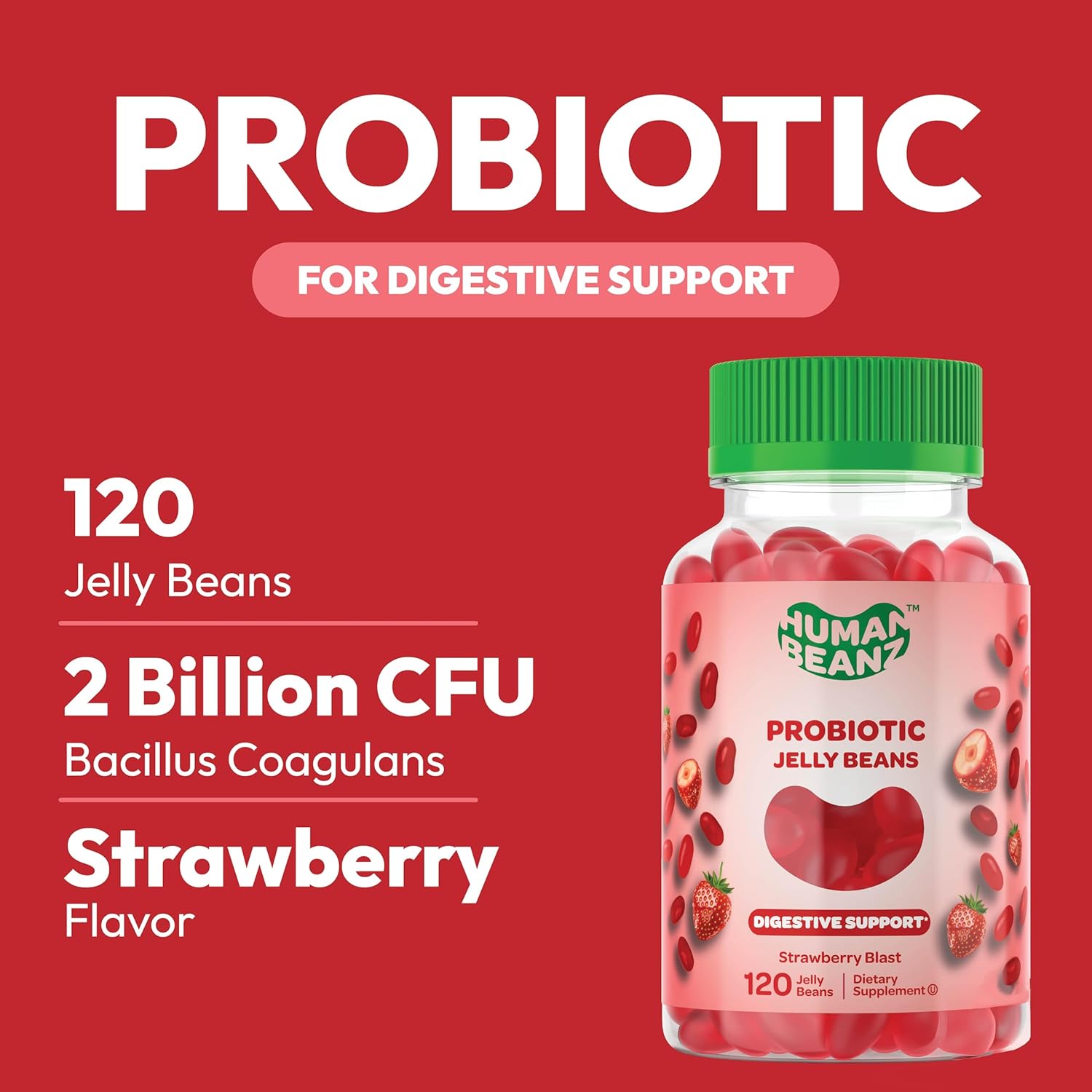 Vegetarian Probiotic Jelly Beans for Digestive Health - 120 Strawberry Blast Gummies for Men and Women, Kosher & Nutritional