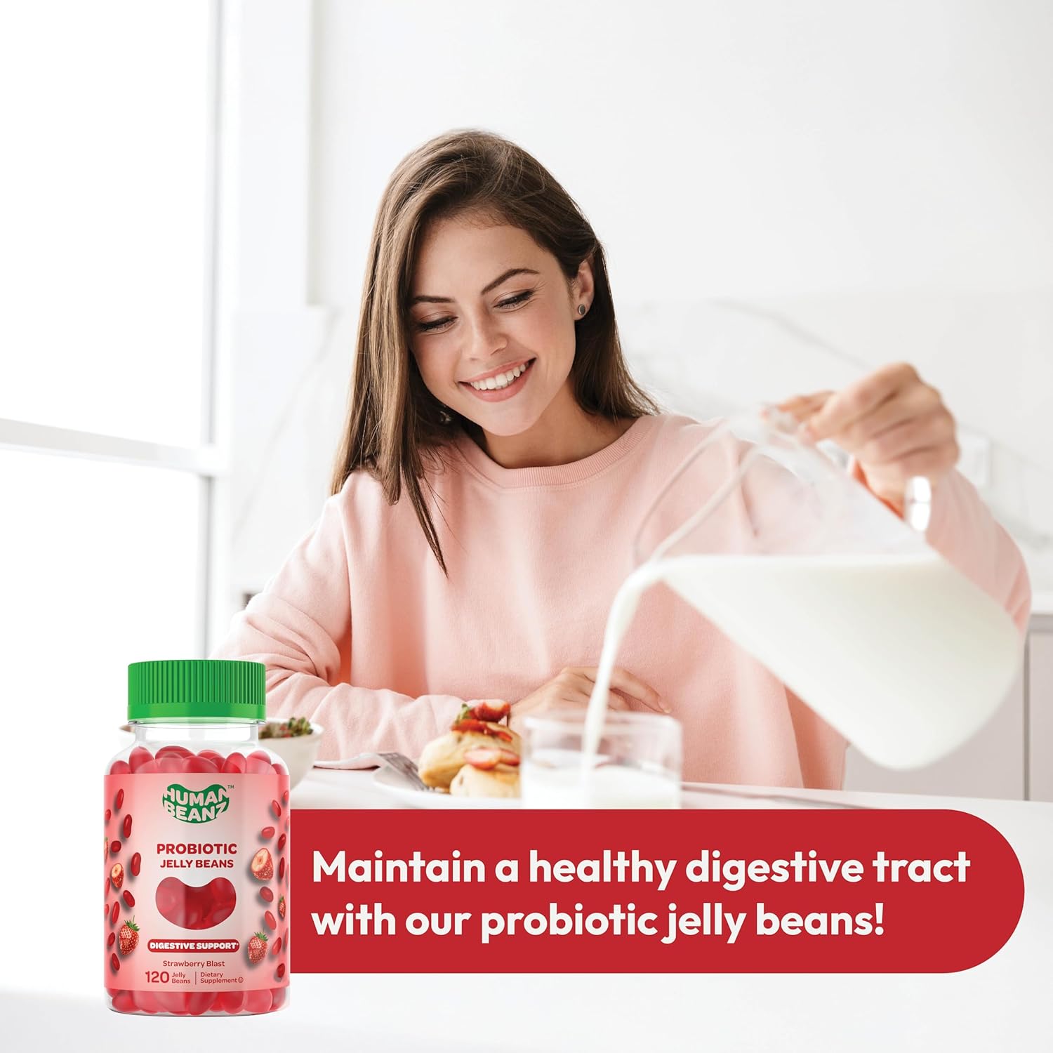Vegetarian Probiotic Jelly Beans for Digestive Health - 120 Strawberry Blast Gummies for Men and Women, Kosher & Nutritional