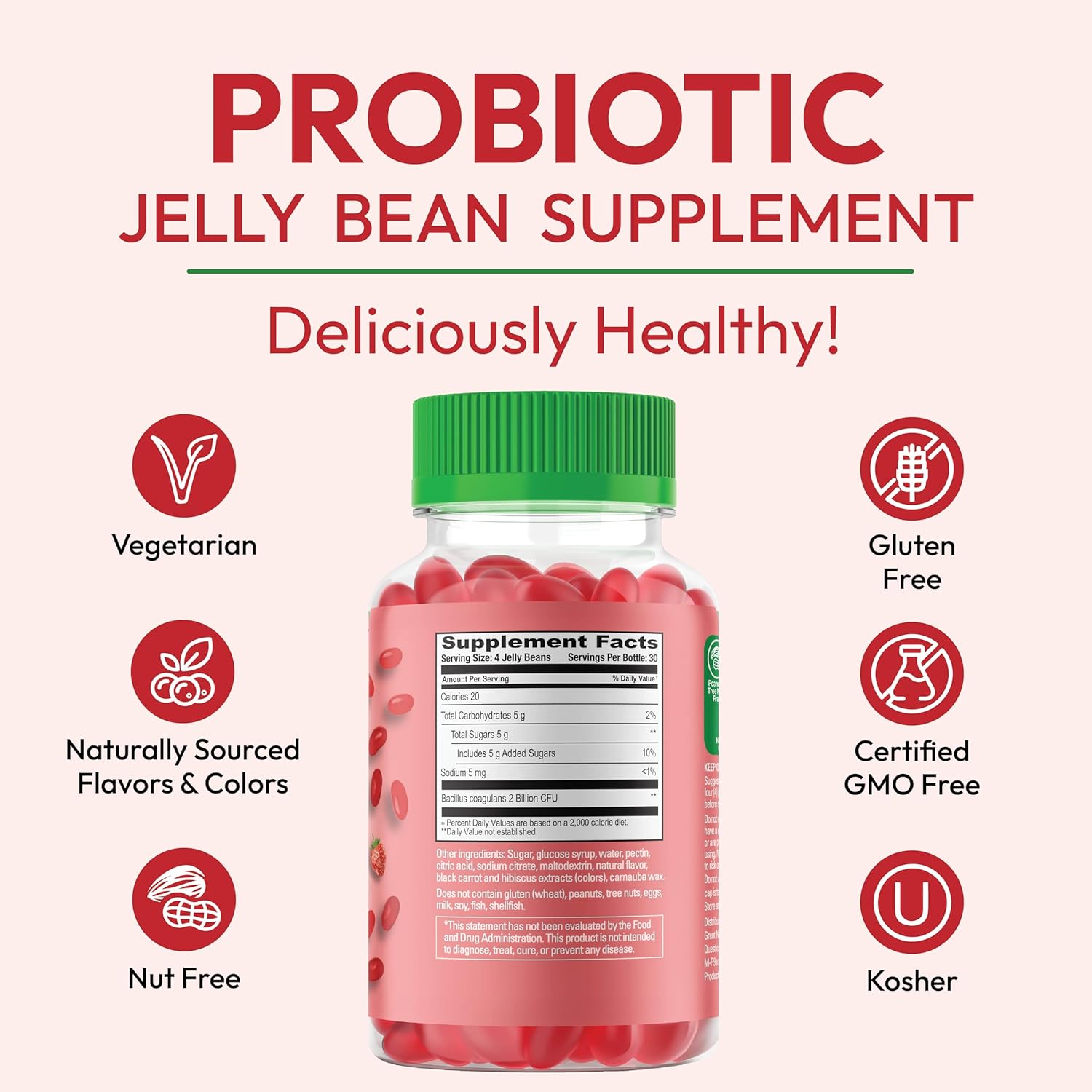 Vegetarian Probiotic Jelly Beans for Digestive Health - 120 Strawberry Blast Gummies for Men and Women, Kosher & Nutritional