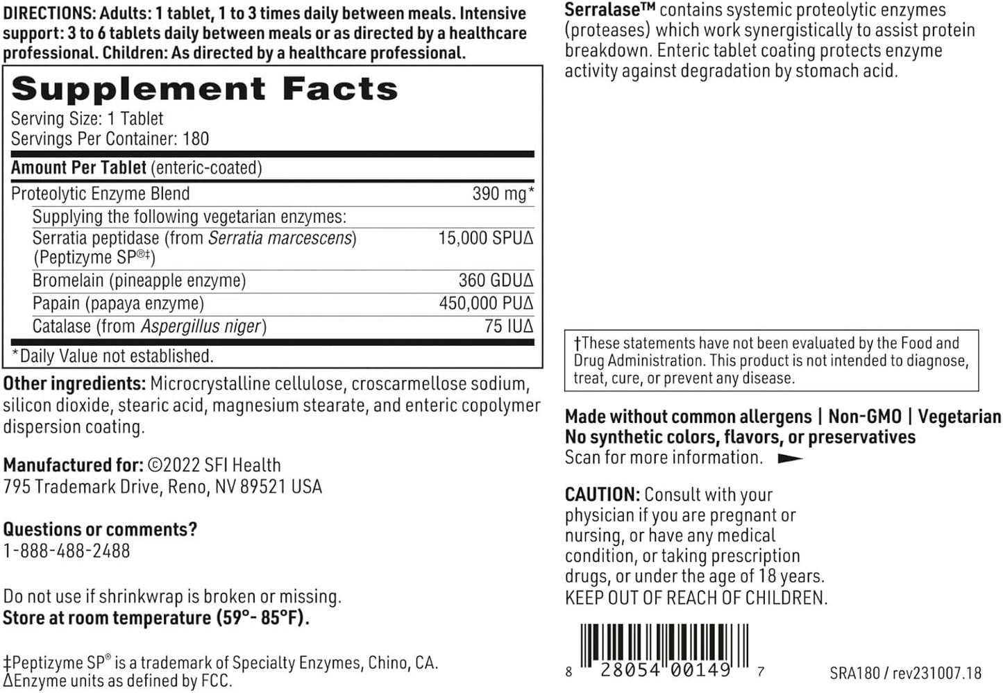 Vegetarian Proteolytic Enzyme Blend with Serratia Peptidase & Bromelain for Digestion (180 Enteric Coated Tablets)