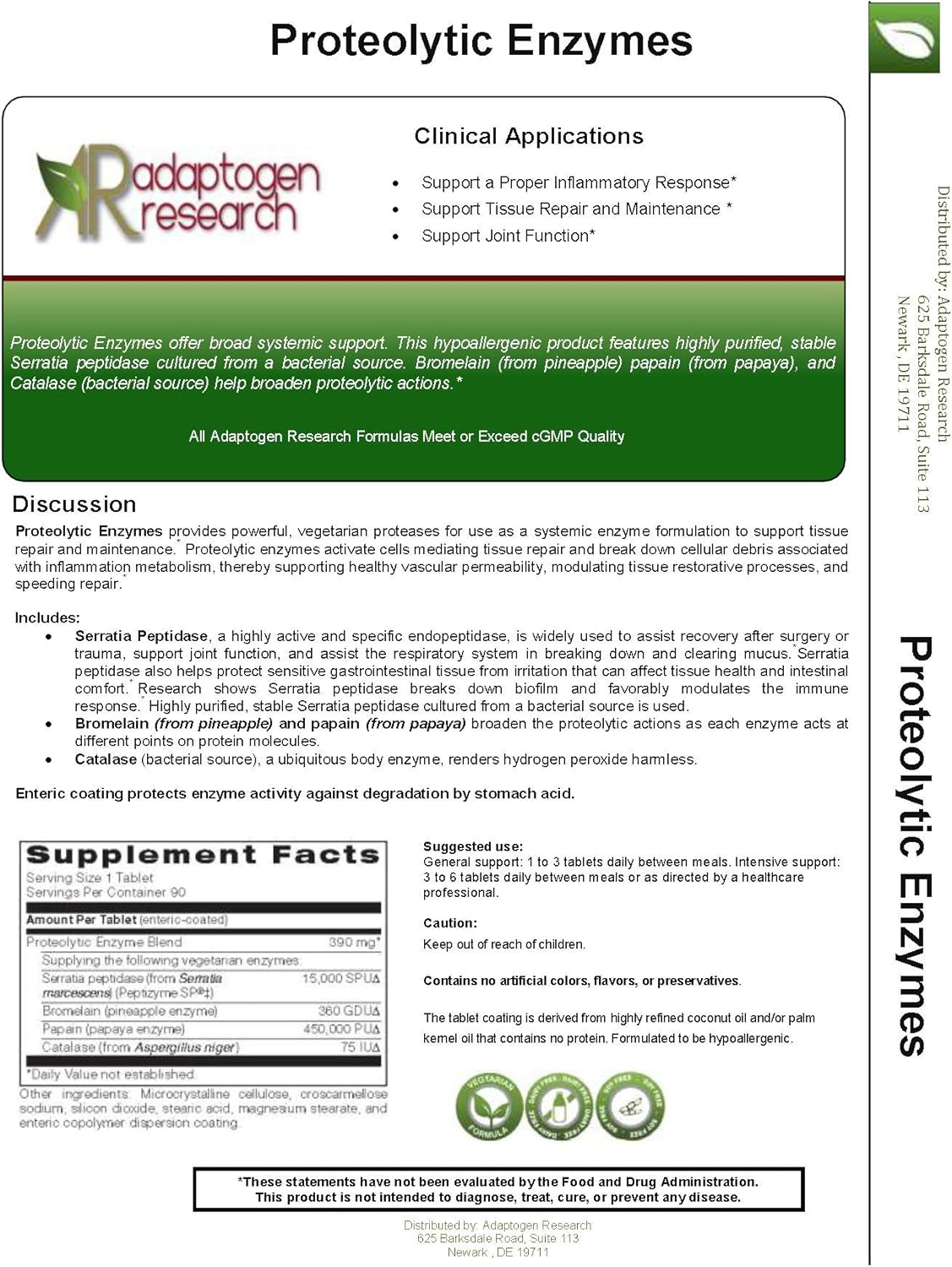Vegetarian Proteolytic Enzymes Blend for Digestive Support - 90 Enteric Coated Tablets | Sourced from Papaya & Pineapple | Adaptogen Research