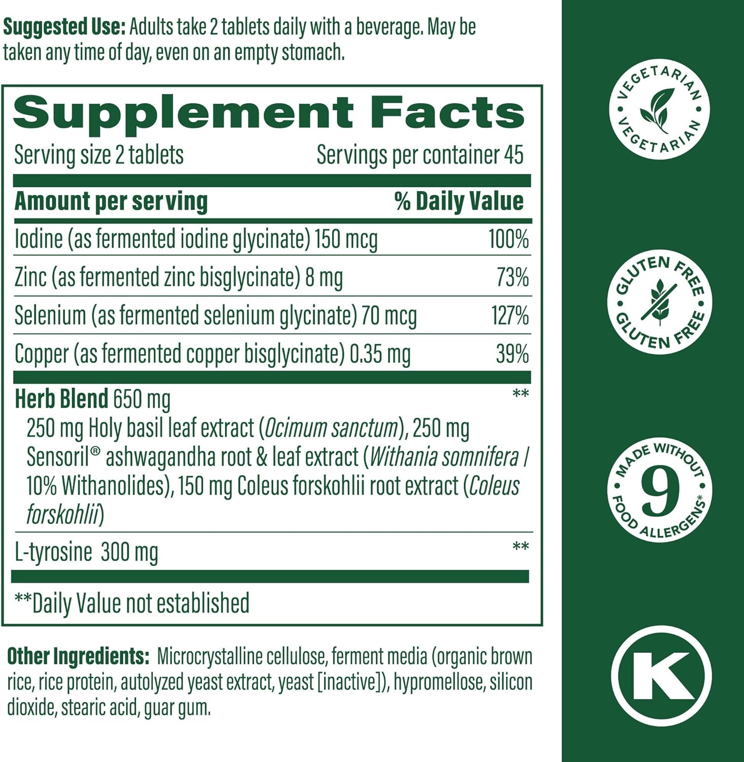 Vegetarian Thyroid Support Supplement with Ashwagandha, Zinc, Selenium, Copper, Iodine, L-Tyrosine - 60 Tabs