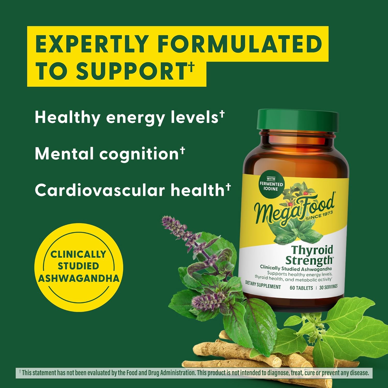 Vegetarian Thyroid Support Supplement with Ashwagandha, Zinc, Selenium, Copper, Iodine, L-Tyrosine - 60 Tabs