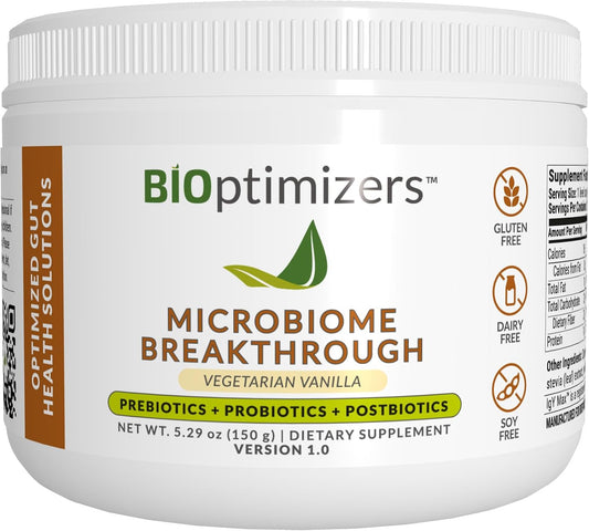 Vegetarian Vanilla Probiotic Powder for Digestive Health - Gas & Bloating Relief - 30 Servings - 150g - BiOptimizers Microbiome Repair Formula