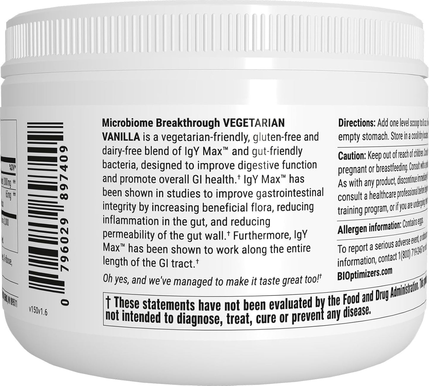 Vegetarian Vanilla Probiotic Powder for Digestive Health - Gas & Bloating Relief - 30 Servings - 150g - BiOptimizers Microbiome Repair Formula