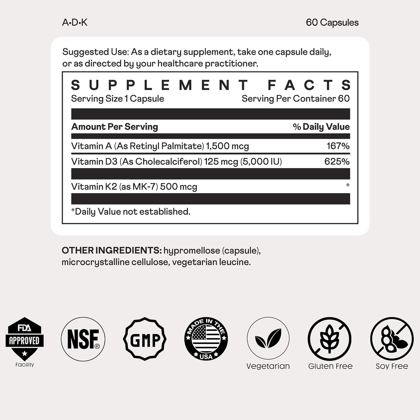 Vegetarian Vitamin Complex for Immune Support, Bone Health, Teeth, and Energy - 60 Capsules - Vitamin A, D3, & K2 - Gluten and Soy Free