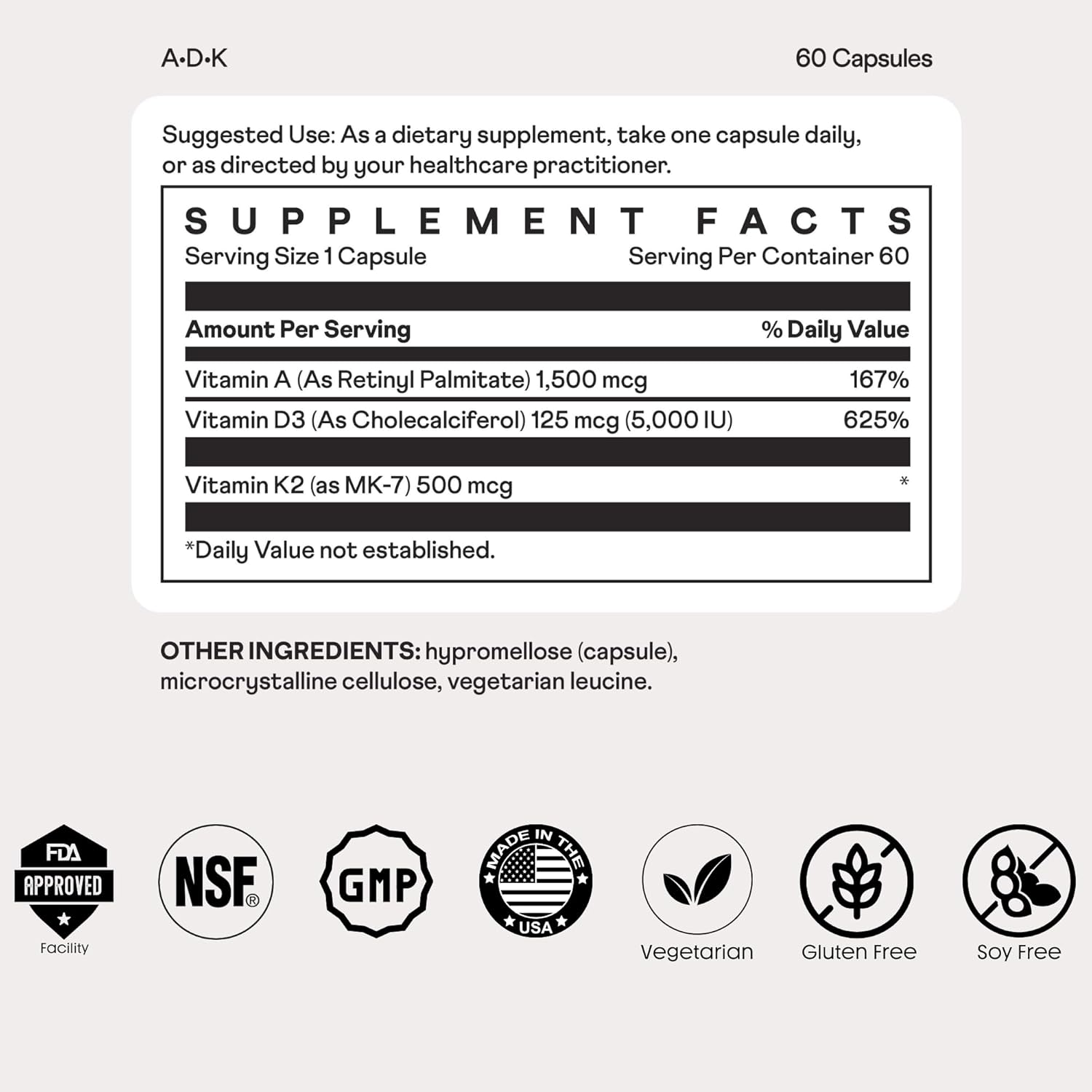 Vegetarian Vitamin Complex for Immune Support, Bone Health, Teeth, and Energy - 60 Capsules - Vitamin A, D3, & K2 - Gluten and Soy Free