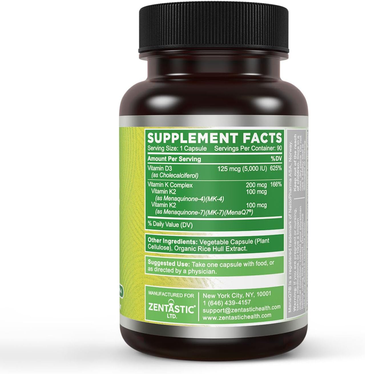 Vegetarian Vitamin D3 K2 Complex Support Supplement, 5000IU & 200mcg, Non-GMO - 90 Capsules