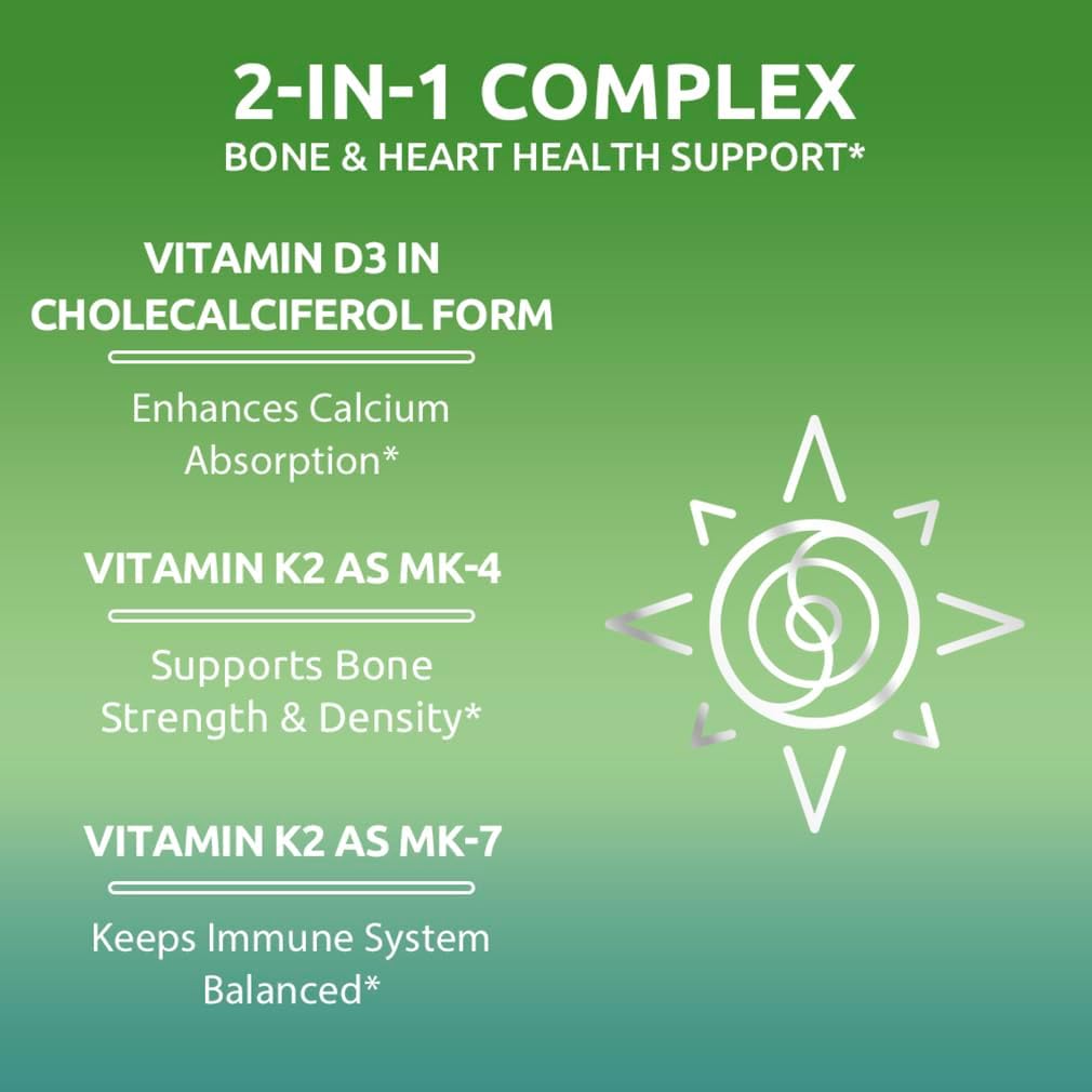 Vegetarian Vitamin D3 K2 Complex Support Supplement, 5000IU & 200mcg, Non-GMO - 90 Capsules