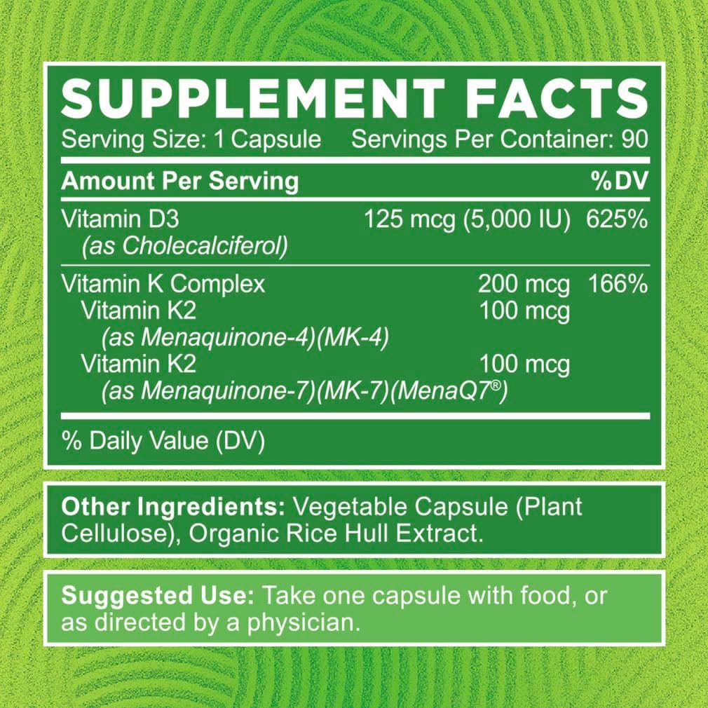 Vegetarian Vitamin D3 K2 Complex Support Supplement, 5000IU & 200mcg, Non-GMO - 90 Capsules