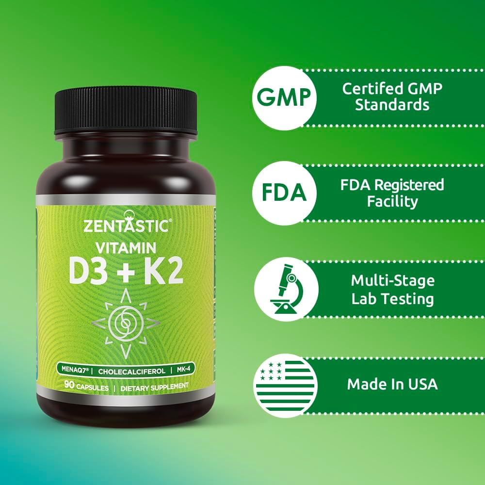 Vegetarian Vitamin D3 K2 Complex Support Supplement, 5000IU & 200mcg, Non-GMO - 90 Capsules