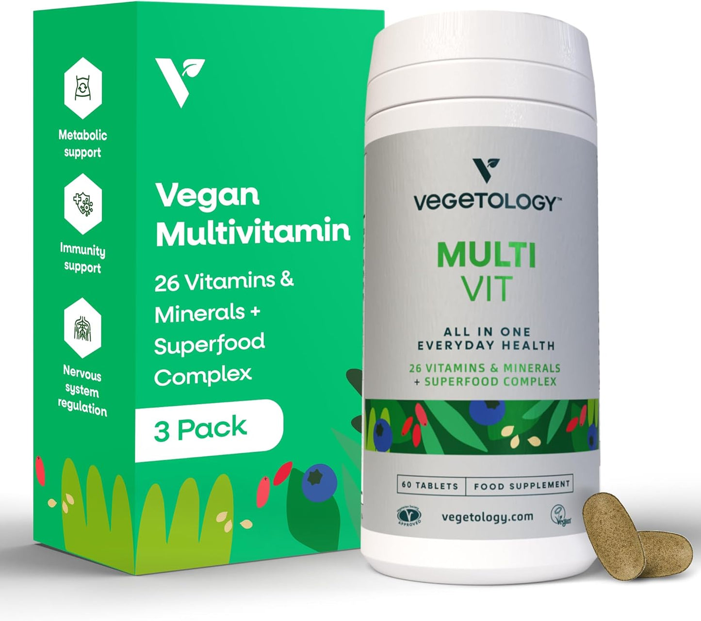 VEGETOLOGY Vegan Multivitamin Supplement, 26 Essential Vitamins & Minerals for Metabolic & Immune Support - Pack of 3