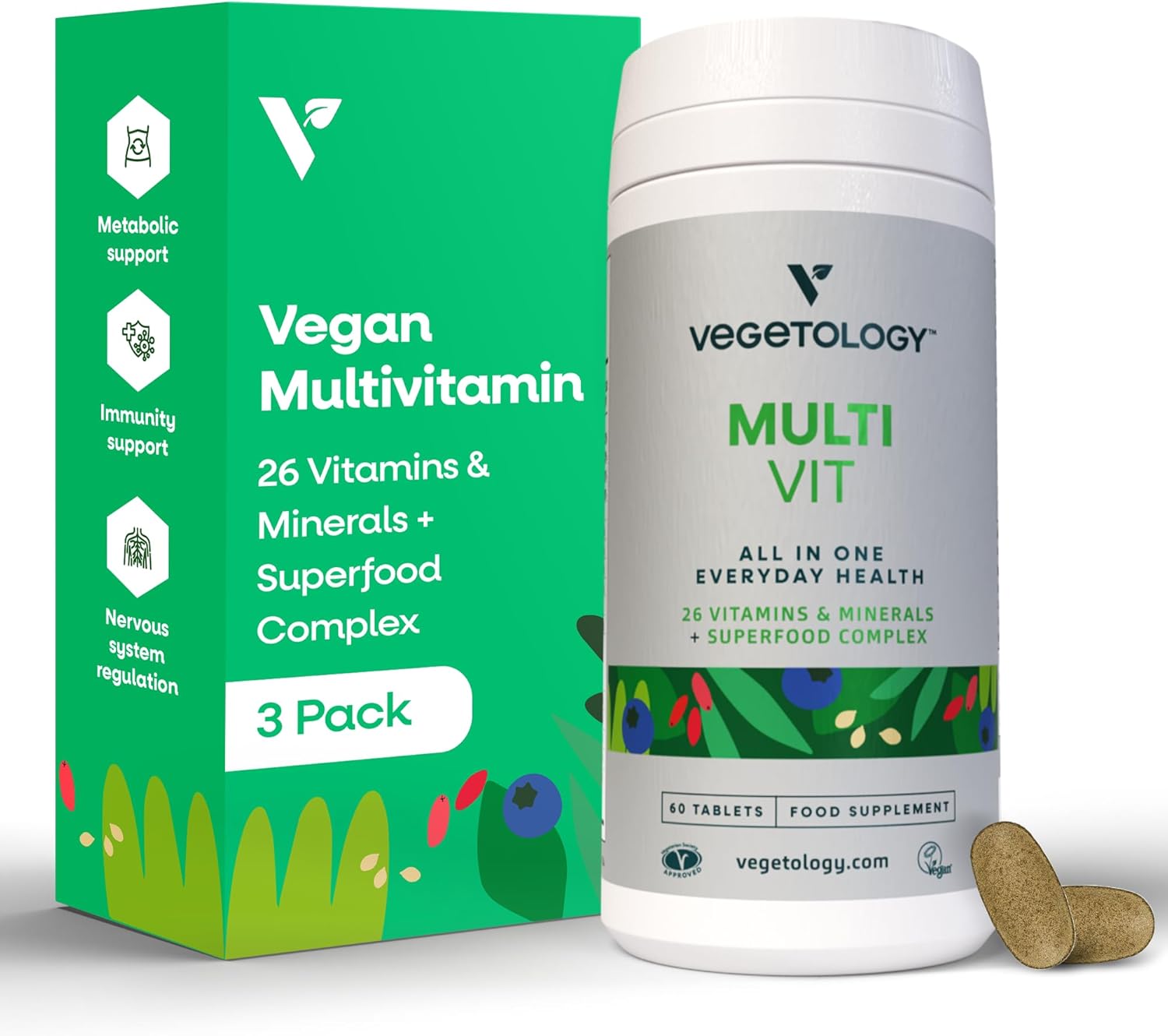 VEGETOLOGY Vegan Multivitamin Supplement, 26 Essential Vitamins & Minerals for Metabolic & Immune Support - Pack of 3