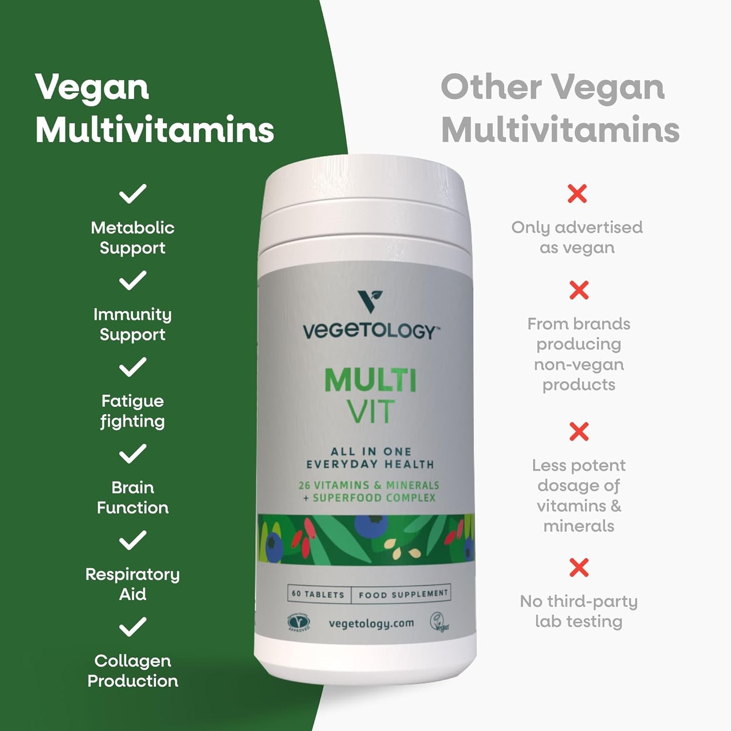 VEGETOLOGY Vegan Multivitamin Supplement, 26 Essential Vitamins & Minerals for Metabolic & Immune Support - Pack of 3