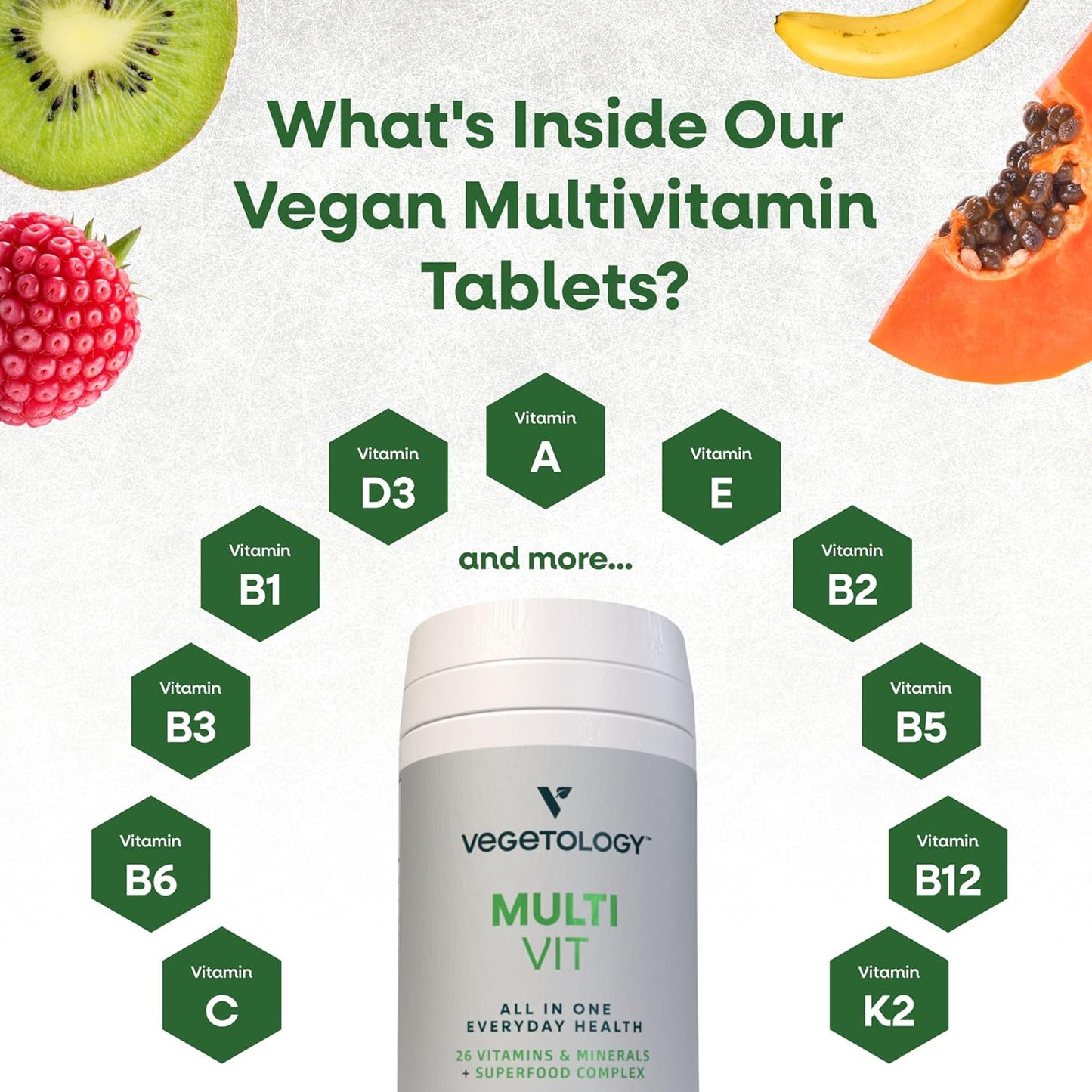 VEGETOLOGY Vegan Multivitamin Supplement, 26 Essential Vitamins & Minerals for Metabolic & Immune Support - Pack of 3