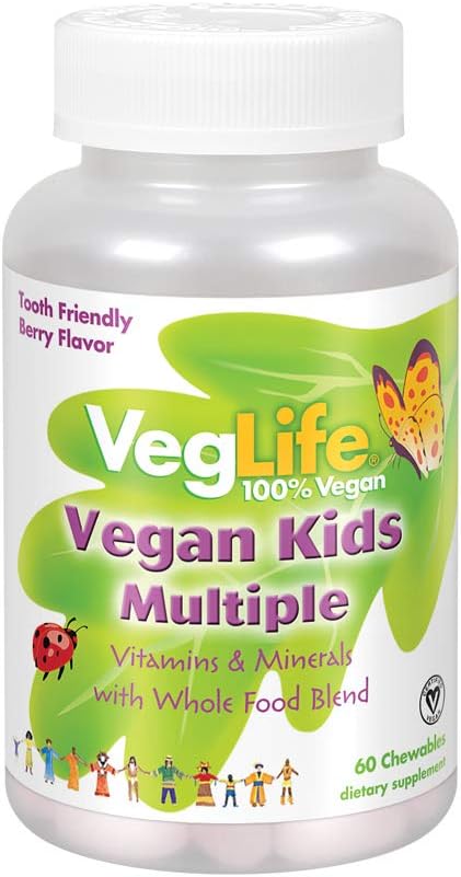 VegLife Vegan Kids Multivitamin with Spirulina and Berry Flavor - 60 Chewables, No Added Sugar