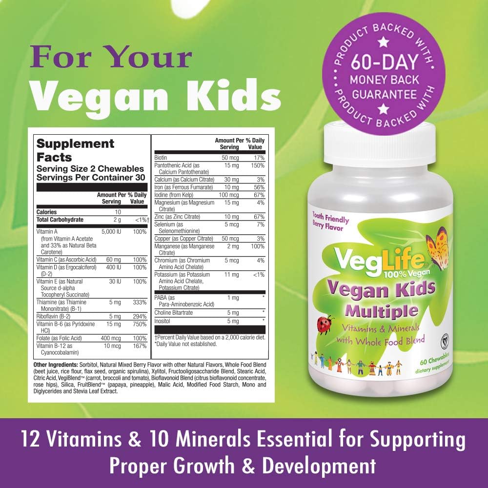 VegLife Vegan Kids Multivitamin with Spirulina and Berry Flavor - 60 Chewables, No Added Sugar