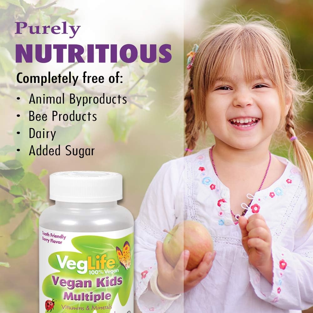 VegLife Vegan Kids Multivitamin with Spirulina and Berry Flavor - 60 Chewables, No Added Sugar