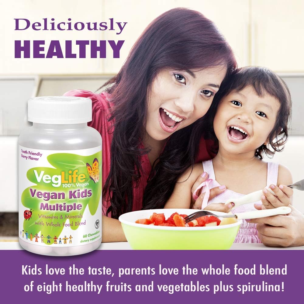 VegLife Vegan Kids Multivitamin with Spirulina and Berry Flavor - 60 Chewables, No Added Sugar