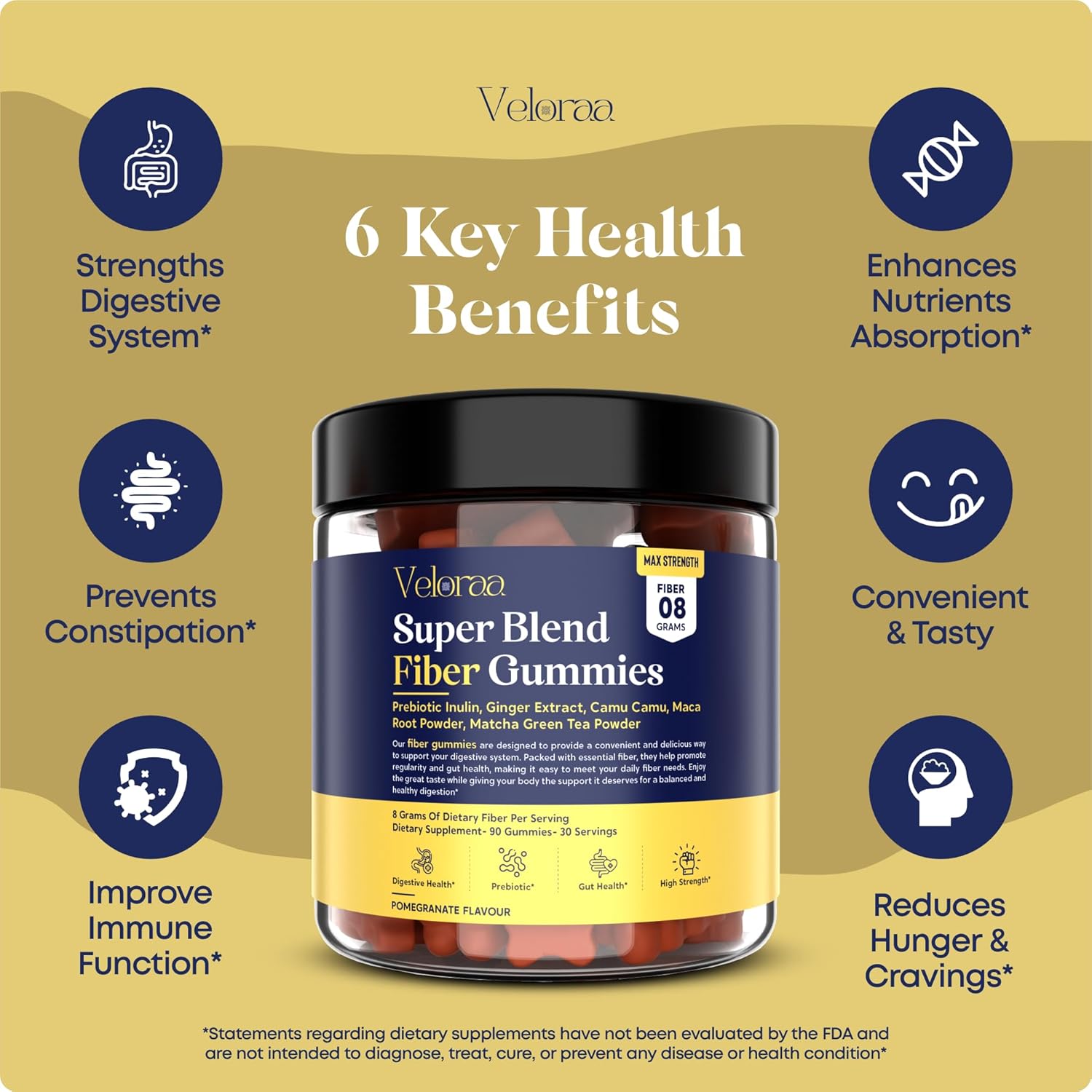 Veloraa Super Blend Fiber Gummies for Adults - 8G Prebiotic Fiber Max Strength Supplement for Gut Health in Men and Women
