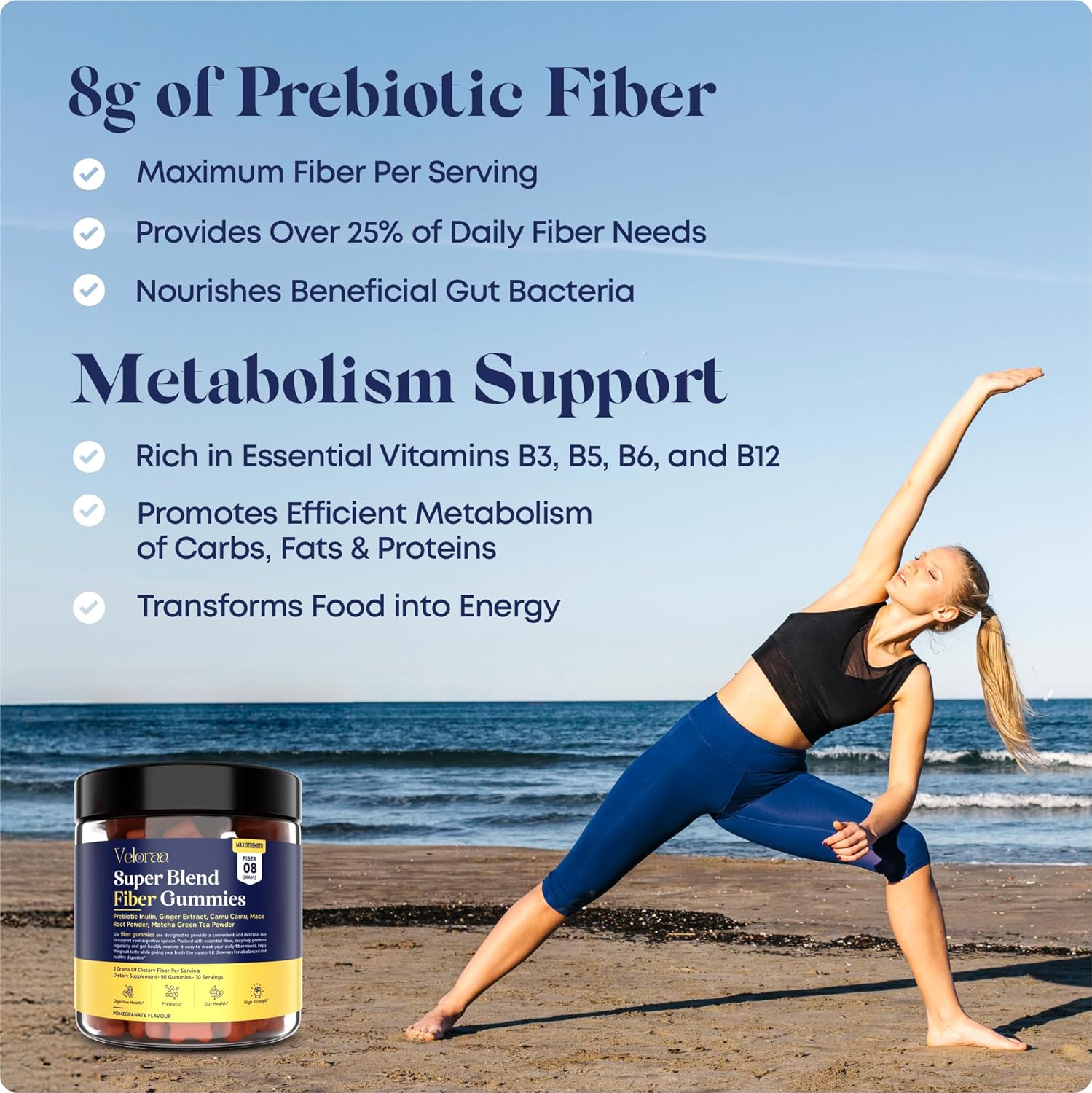 Veloraa Super Blend Fiber Gummies for Adults - 8G Prebiotic Fiber Max Strength Supplement for Gut Health in Men and Women