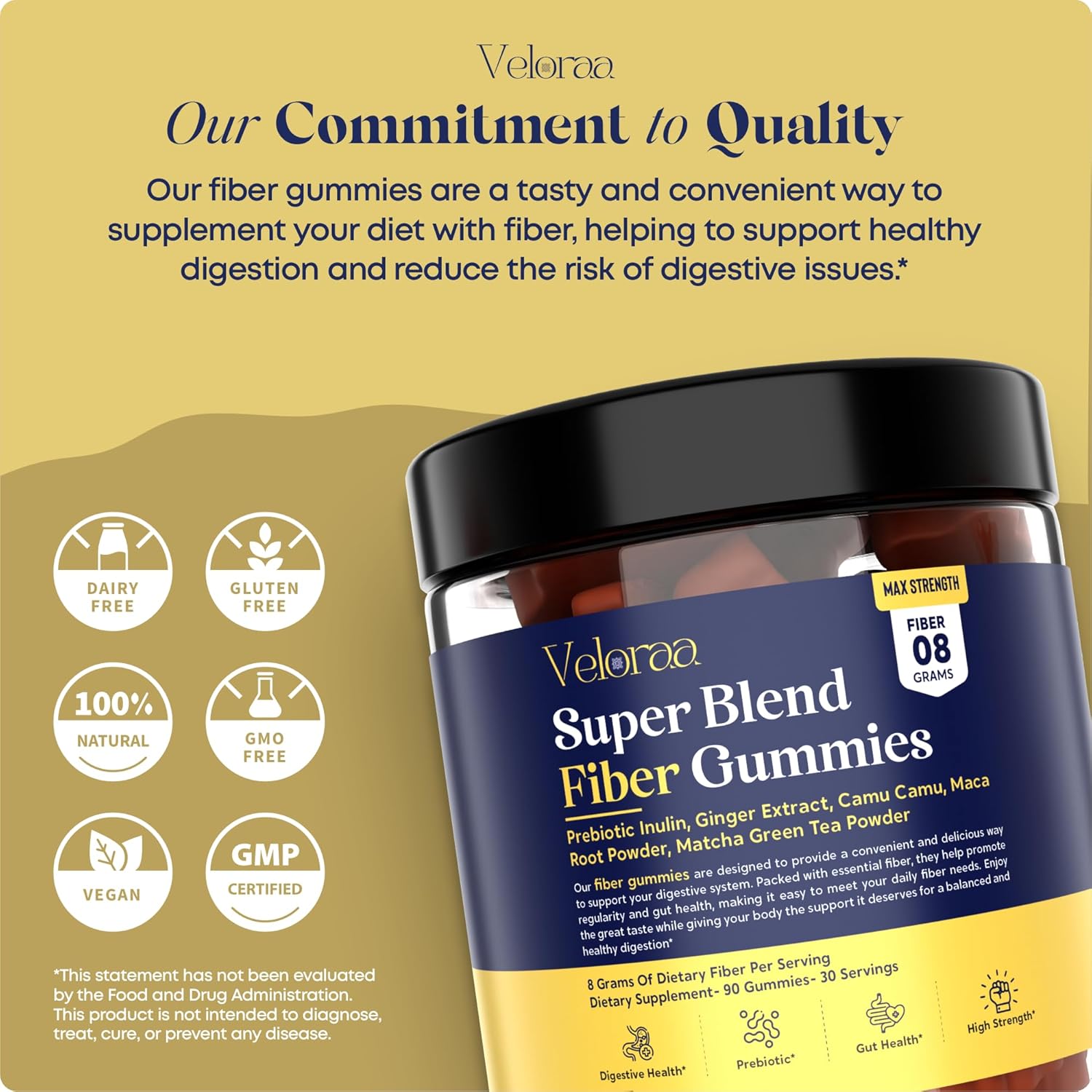Veloraa Super Blend Fiber Gummies for Adults - 8G Prebiotic Fiber Max Strength Supplement for Gut Health in Men and Women