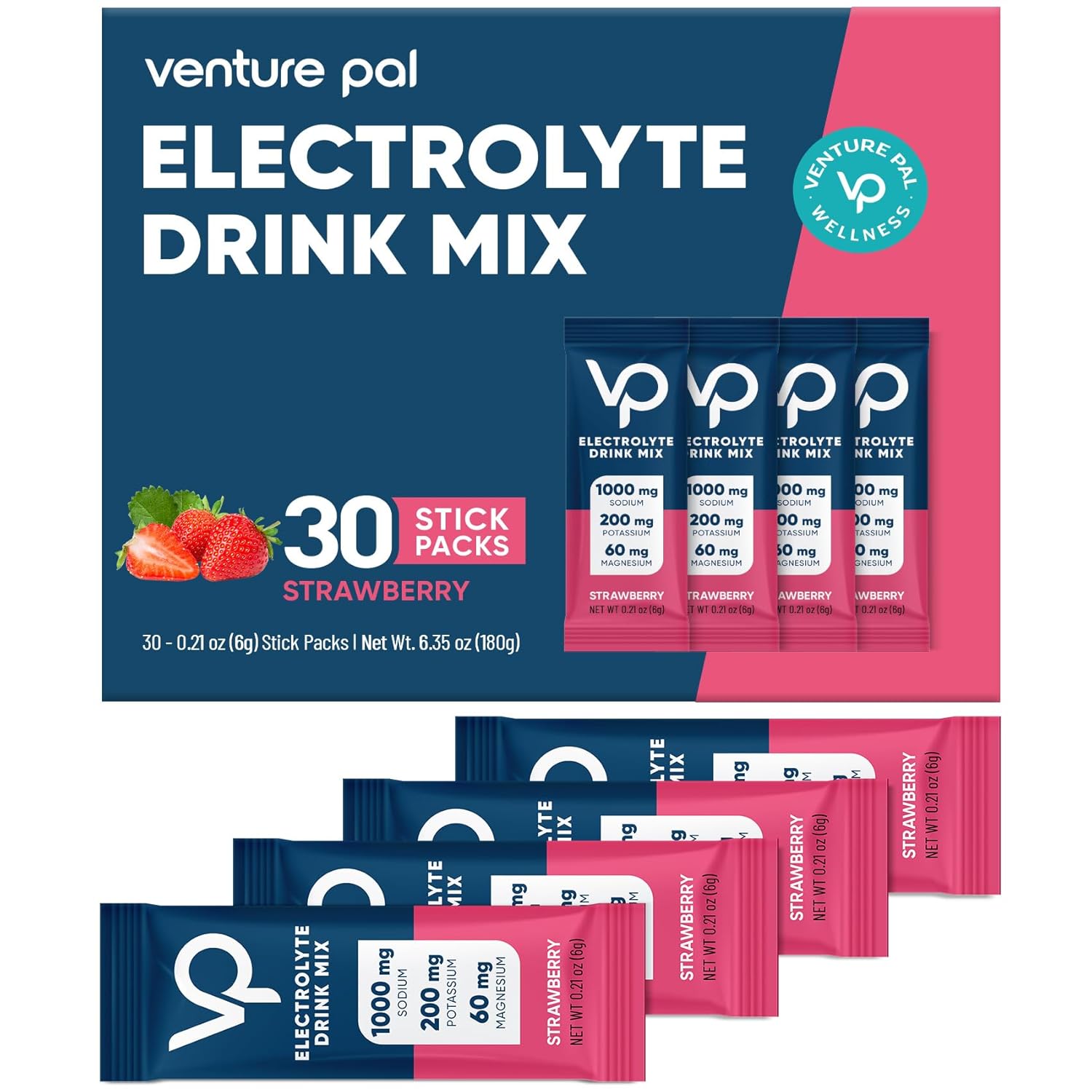 Venture Pal Electrolyte Powder Packets - High Sodium, Sugar Free Hydration Mix with Potassium & Magnesium | Zero Calorie, Vegan, Keto & Paleo Friendly | 30 Sticks
