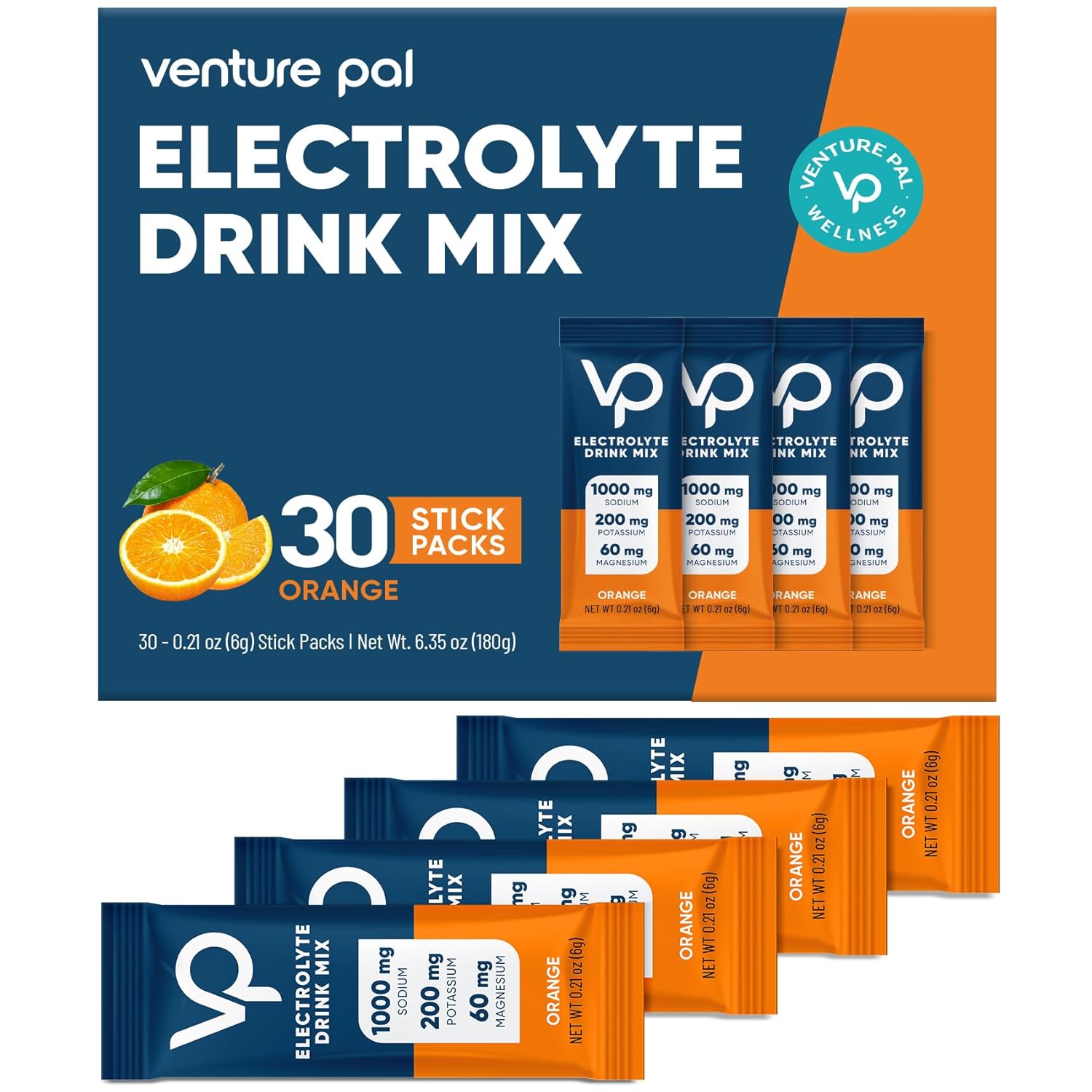 Venture Pal Electrolyte Powder Packets - High Sodium, Sugar Free Hydration Mix with Sodium, Potassium, Magnesium - Zero Calories, Vegan, Keto & Paleo Friendly - 30 Sticks